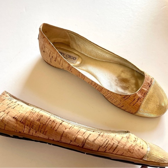 Jimmy Choo Whirl Cork Gold Leather Cap Ballet Flats - Picture 3 of 15